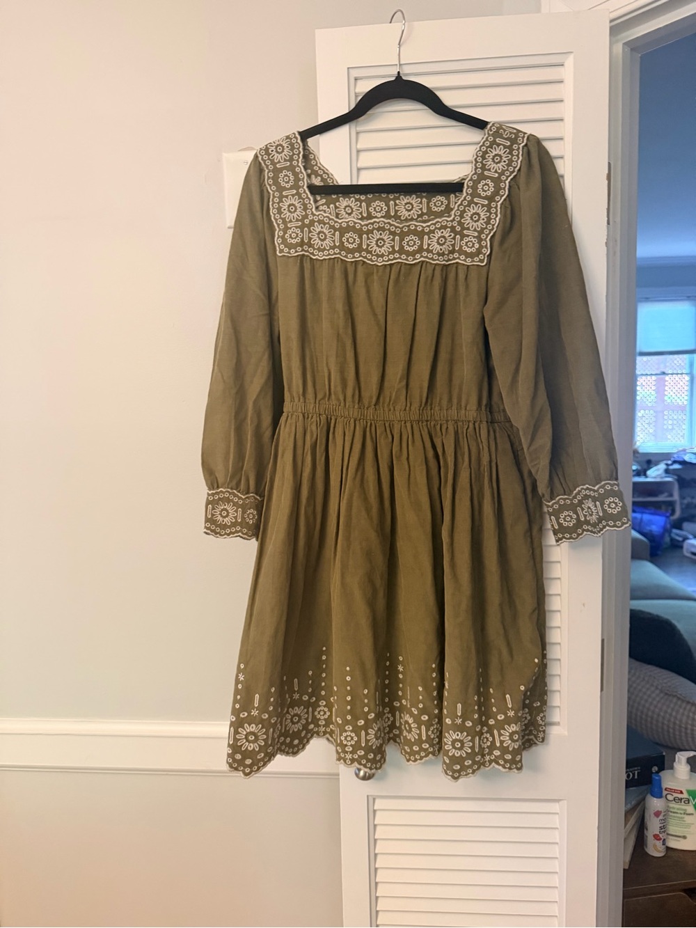 Madewell Olive Green Embroidered Corduroy Dress